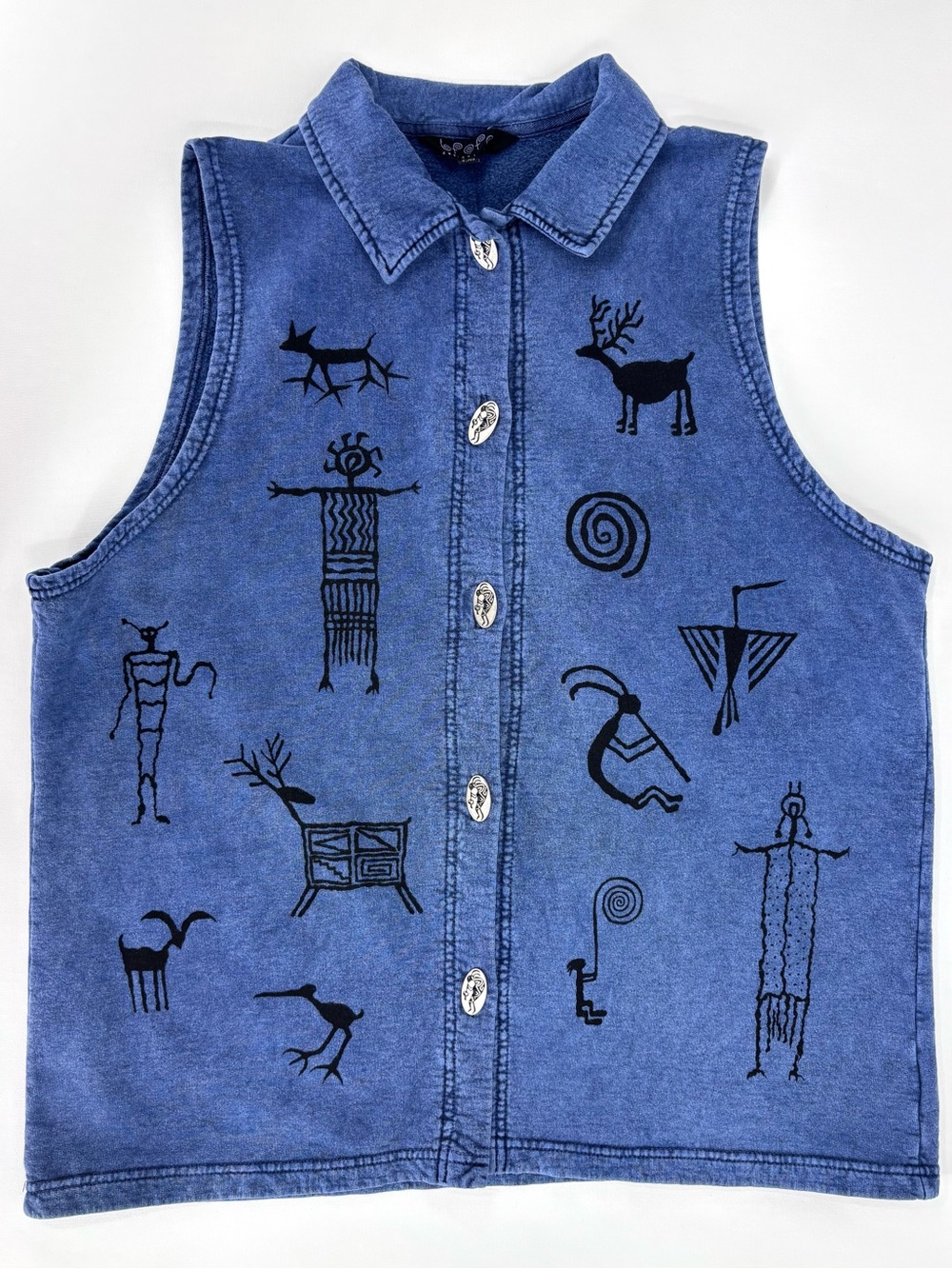 BFOFO Designs Vintage 1990s Stonewash Blue Button-Up Petroglyph Vest, Large